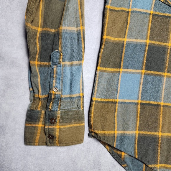 Fox Plaid Long Sleeve Flannel Shirt Mens Size L Blue Brown Gold - Picture 13 of 16